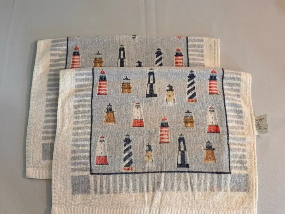 VTG Nautical Dish Cloths (2) Coastal Cottage Lighthouse Red White And Blue